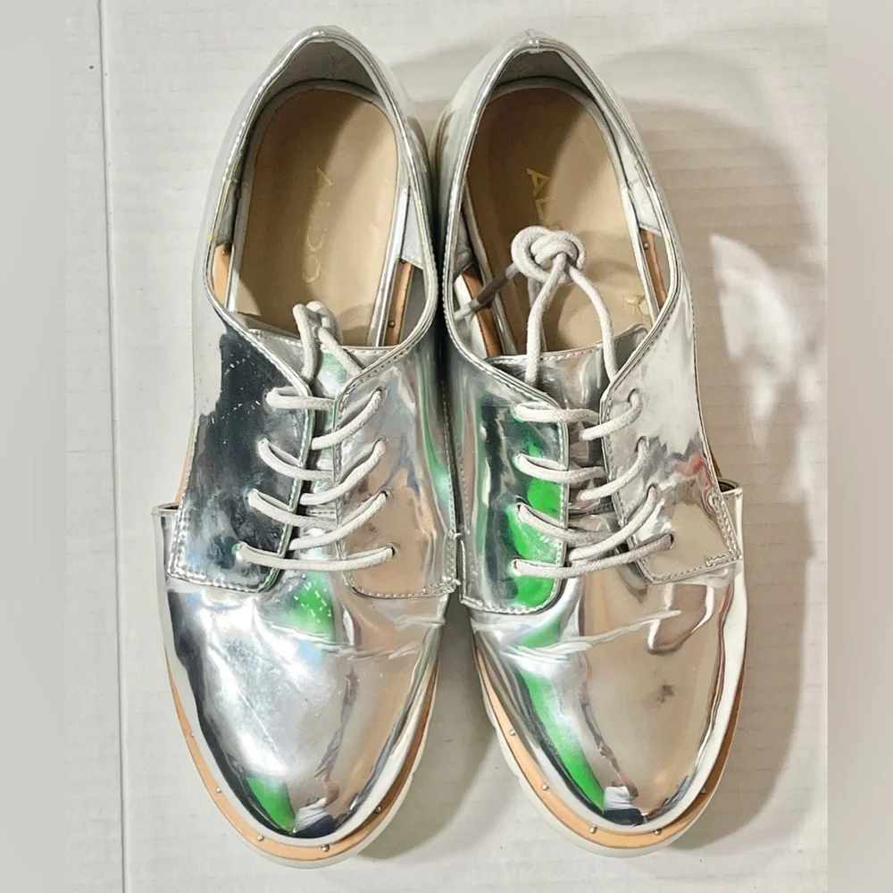 Aldo Rerranna Metallic Cutout Platform Oxford Shoes Silver Size 6.5 Renaissance‎